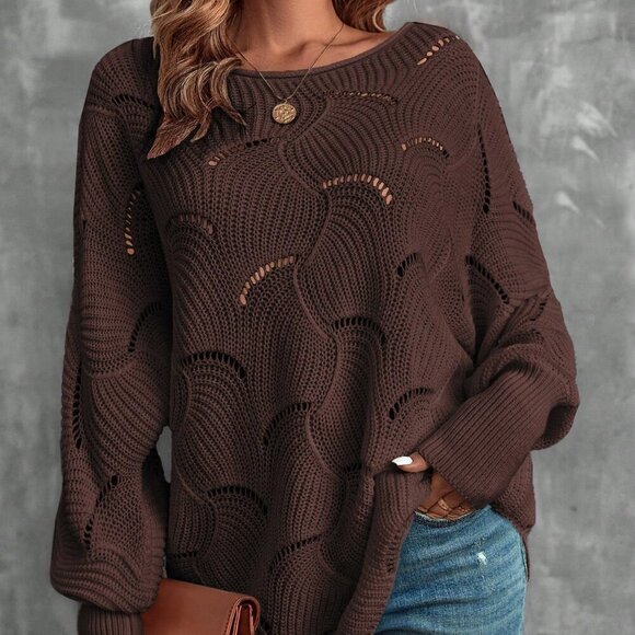 Brown Casual Womens Lantern Sleeve Pointelle Knit Pullover Sweater - Picture 6 of 7